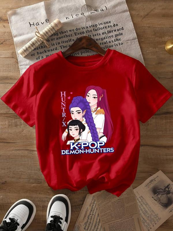 Women's Round Neck Short Sleeve T-Shirt, K-Pop Monster Hunter Group Print, Casual Fitted Top for All Seasons, Ladies'...