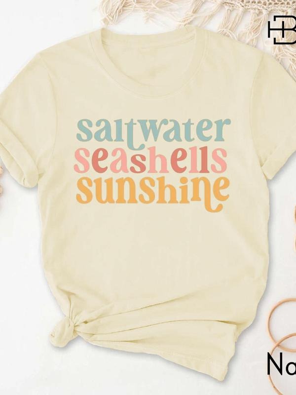 Women's Saltwater Seashells Sunshine Letter Print Round Neck Tee, Casual Short Sleeve T-shirt for Daily Wear, Ladies...