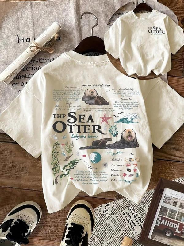 Women's Sea Otter & Letter Print Round Neck Tee, Casual Short Sleeve Crew Neck T-shirt for Summer, Fashion Women's Top...