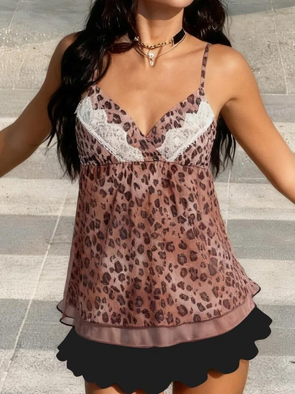 Women's Sexy Lace Spaghetti Strap Top, Leopard Print & Contrast Design, Perfect for Casual Wear, Stylish Streetwear...