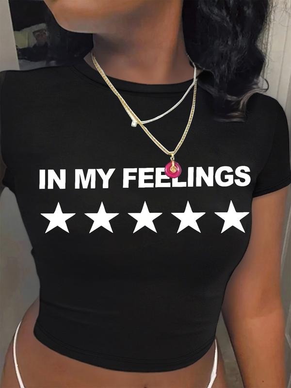 Women's Short Sleeve T-Shirt with in My Feelings Print and Star Design, Y2K Street Style, Casual Fashion for All Seasons...