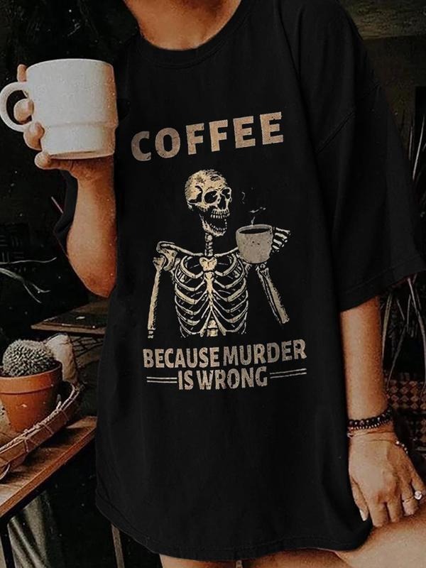 Women's Skeleton & Coffee Print Round Neck Tee, Trendy Casual Crew Neck T-shirt for Daily Wear, Ladies for All Seasons,...