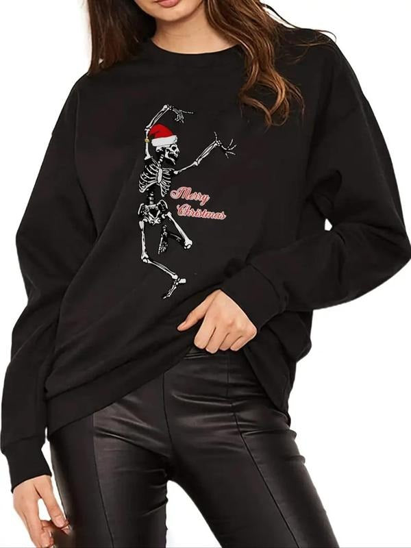 Women's Skeleton & Letter Print Round Neck Sweatshirt, Casual Long Sleeve Crew Neck Pullover for Fall & Winter, Women's...