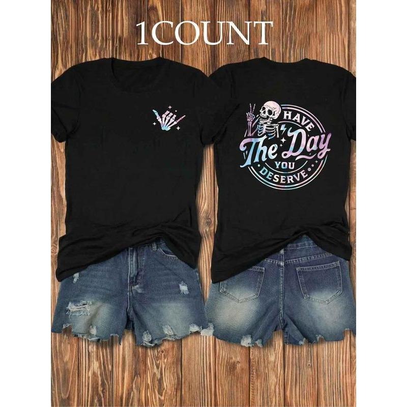 Women's Skeleton & Letter Print Round Neck Tee, Fashion Casual Crew Neck Short Sleeve T-shirt for Daily Holiday Vacation...