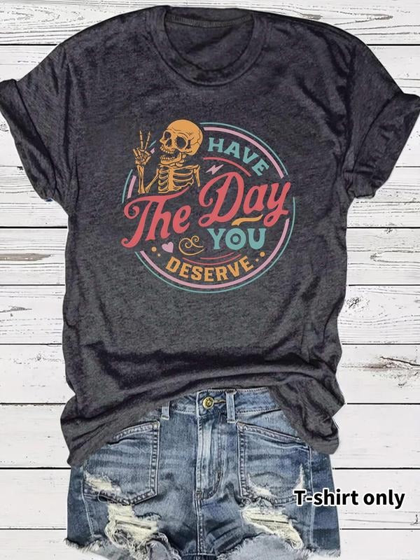 Women's Skeleton & Letter Print Round Neck Tee, Trendy Casual Crew Neck Short Sleeve T-Shirt for Daily Wear, Ladies for...