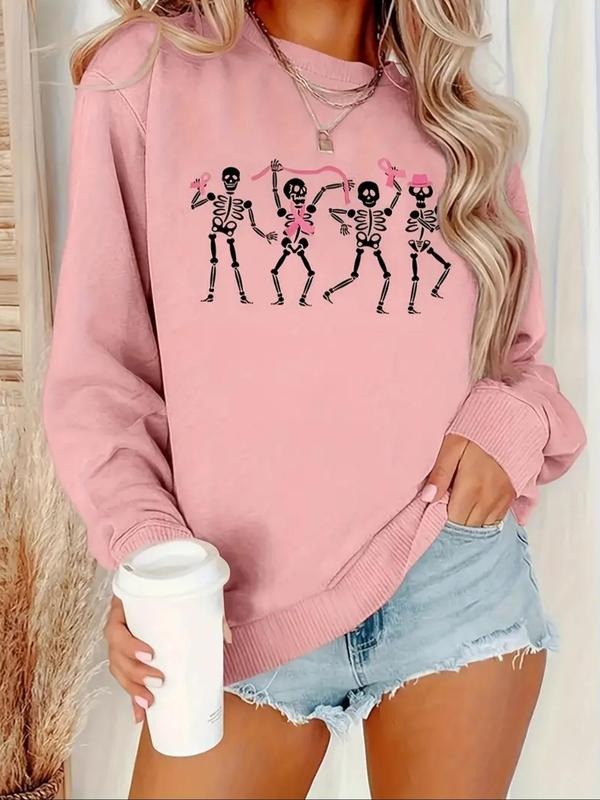 Women's Skeleton Print Drop Shoulder Sweatshirt, Casual Long Sleeve Round Neck Pullover for Fall & Winter, Women's...