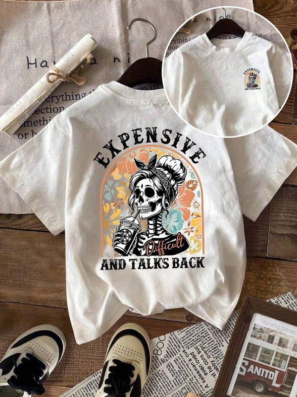 Women's Skull & Floral Print Round Neck Tee, Fashion Casual Crew Neck T-Shirt for Daily Holiday Vacation Outdoor Wear,...
