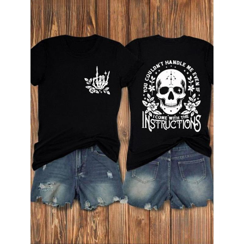 Women's Skull & Letter Print Round Neck Tee, Casual Drop Shoulder Short Sleeve T-shirt, Ladies Clothes for Daily Wear...