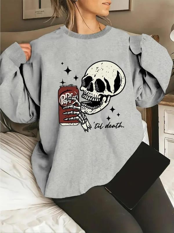 Women's Skull & Skeleton Print Crew Neck Sweatshirt, Casual Long Sleeve Pullover for Fall & Winter, Women's Clothes for...