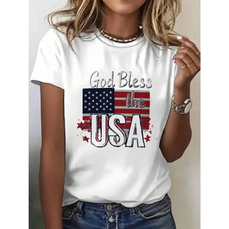 Women's Slim-Fit Patriotic "God Bless USA" Graphic T-Shirt, Casual Style Short Sleeve Round Neck Top for Spring , Vintage...