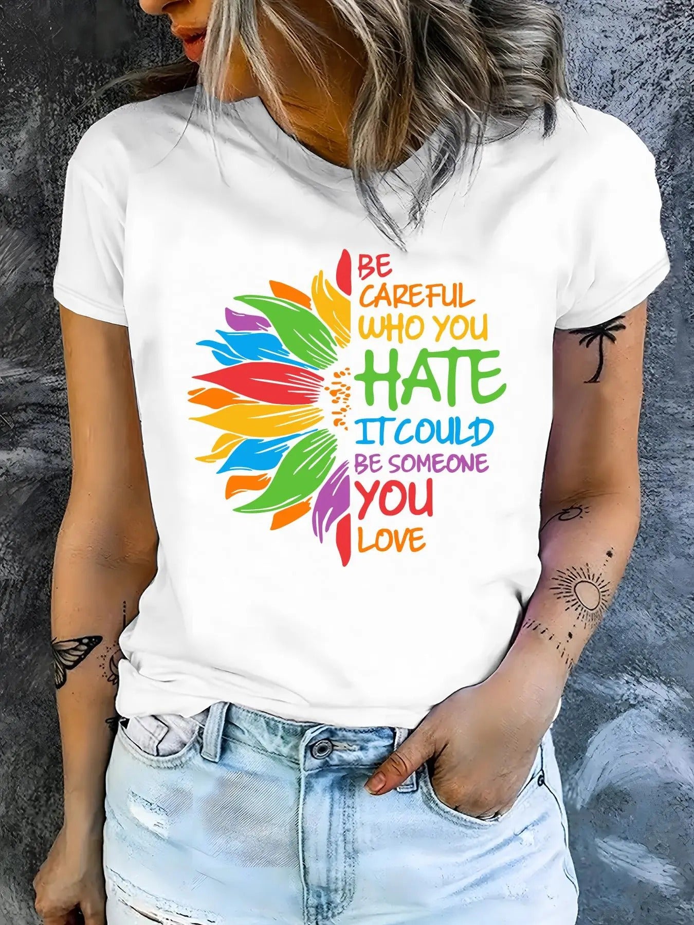 Women's Slogan & Floral Print Round Neck Tee, Fashion Casual Short Sleeve T-shirt for Daily Wear, Ladies Summer Clothes...
