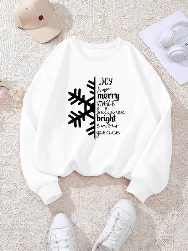 Women's Snowflake & Letter Print Drop Shoulder Sweatshirt, Casual Long Sleeve Round Neck Pullover for Fall & Winter,...