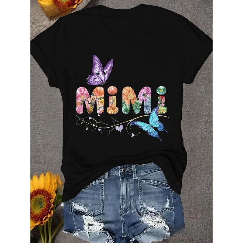 Women's Soft Casual Short Sleeve T-Shirt with Floral "Mimi" Design & Butterfly Accents