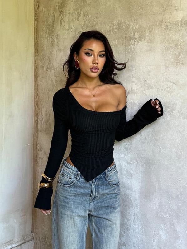 Women's Solid Color Asymmetrical Shoulder Long Sleeve Top, Versatile Casual Fashion, Perfect for Daily Wear, Stylish and...