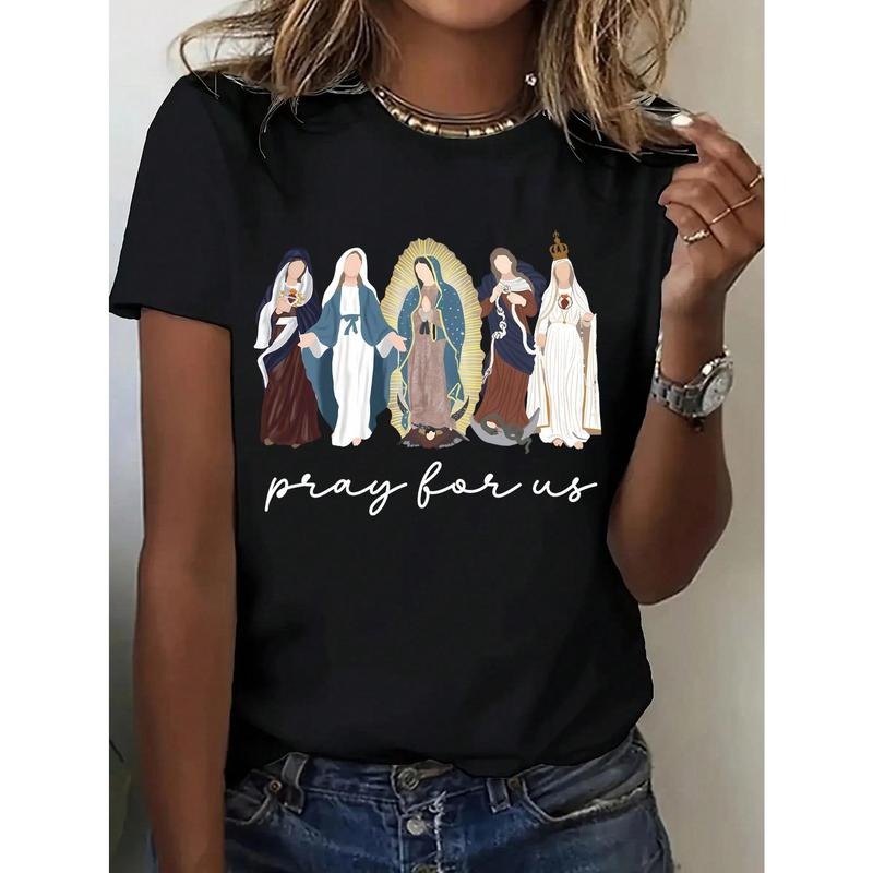 Women's Solid Color Round Neck Short Sleeve Casual Loose T-Shirt With Cartoon Virgin Mary Religious Faith Print Hoodie,...