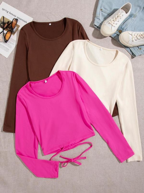 Women's Solid Criss Cross Tie Back Tee, Casual Round Neck Long Sleeve T-Shirt for Spring & Fall, Women's Clothes Hoodie,...