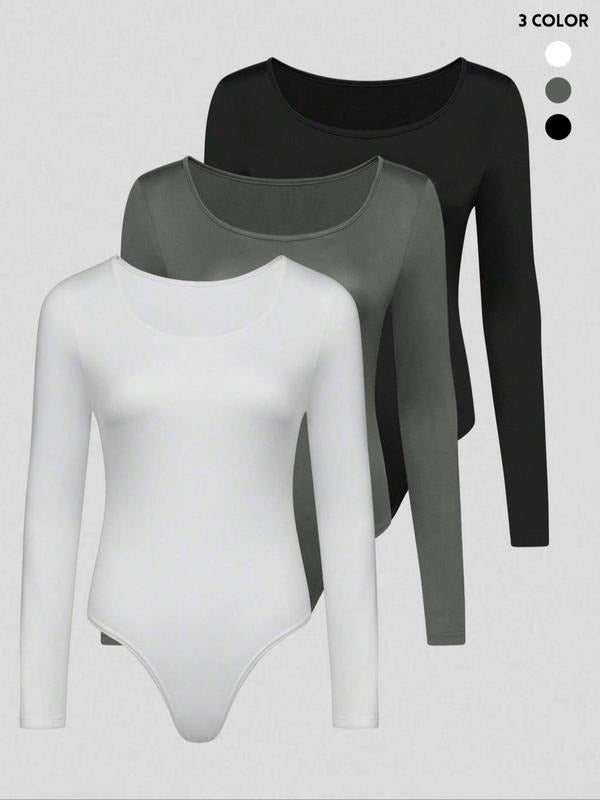 Women's Solid Long Sleeve Bodysuit, Open Crotch Design Casual Round Neck Bodysuit for Daily Wear, Ladies Clothes for All...