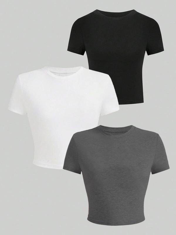 Women's Solid Round Neck Casual Short Sleeve Crop Tee, Crew Neck Skinny T-Shirt for Daily Wear, Ladies Clothes for All...