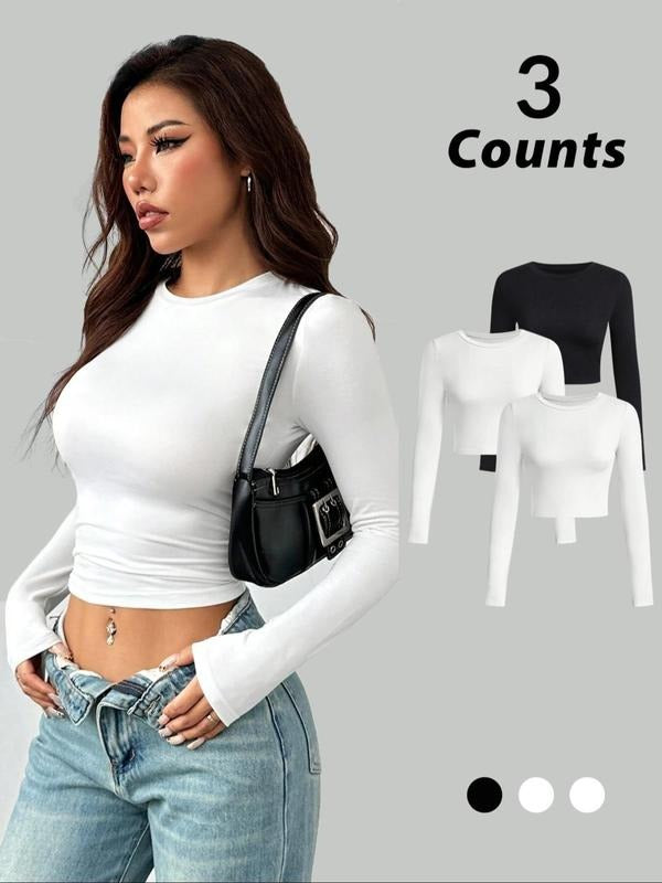 Women's Solid Round Neck Crop Tee, Casual Long Sleeve Crew Neck T-shirt for Daily Wear, Ladies Clothes for All Seasons...