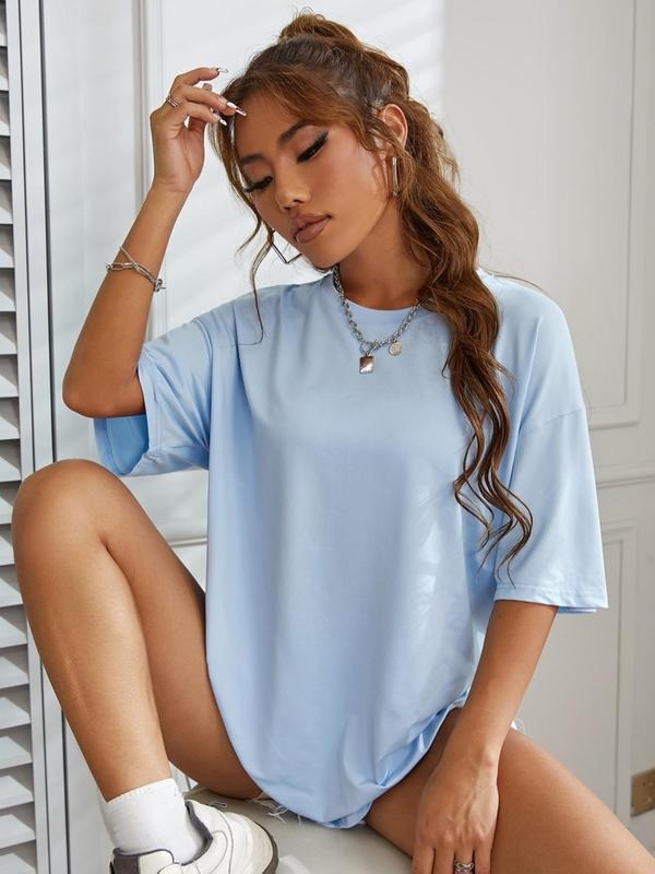 Women's Solid Short Sleeve Round Neck Drop Shoulder Tee, Summer Clothes Women, Trendy Casual Loose Oversized Basic...
