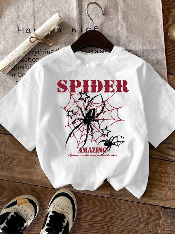 Women's Spider & Letter Print Round Neck Graphic Tee, Vintage Trendy Casual Drop Shoulder Short Sleeve T-shirt for Daily...