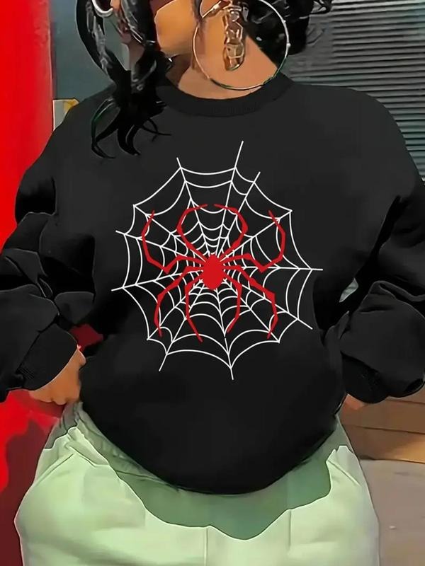 Women's Spider Web Print Drop Shoulder Sweatshirt, Casual Long Sleeve Round Neck Pullover for Fall & Winter, Ladies...
