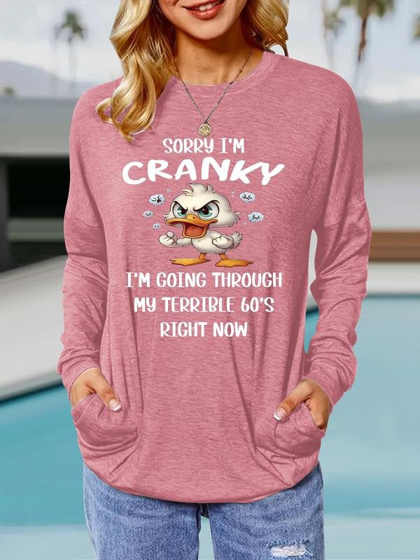 Women's Spring & Fall Cranky Duck Print Round Neck Long Sleeve Loose-Fit Pullover, Comfortable Breathable Casual Daily...