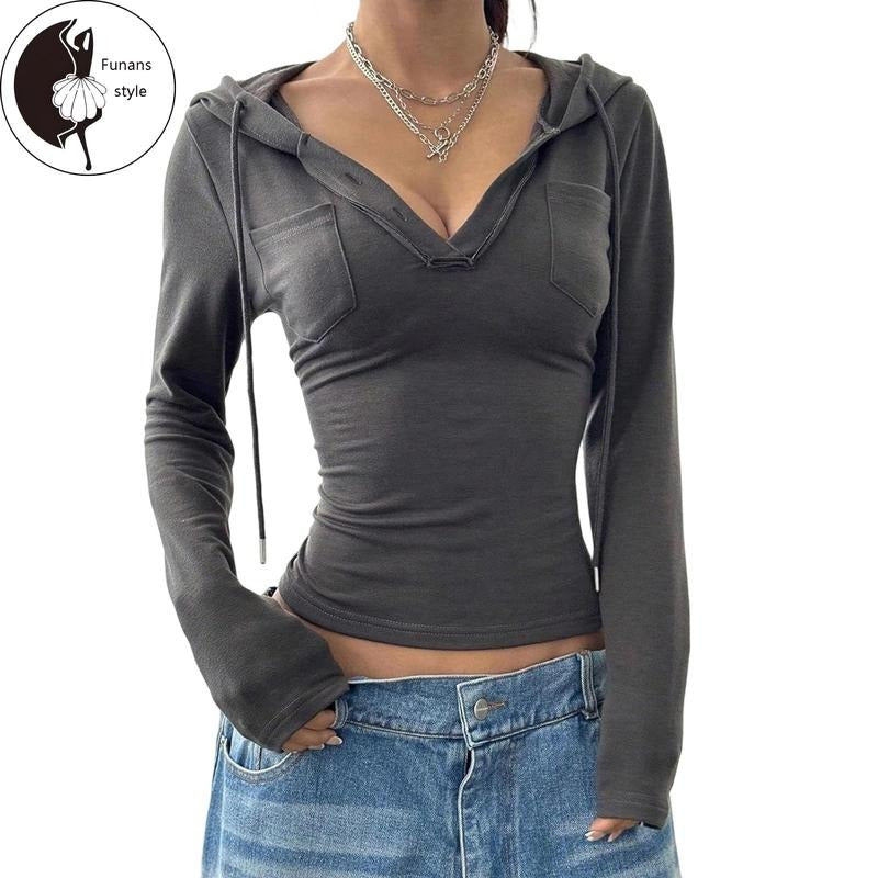 Women's Spring Summer Hooded T-Shirt Long Sleeve V Neck Solid ColorParty Tops Hoodie, Sweatshirt | PodTeesHub.com