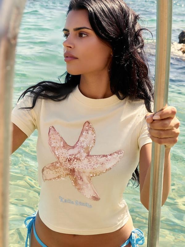 Women's Starfish Print Tight-fitting Round Neck Washed T-shirt, Casual Short Sleeve Crew Neck T-shirt for All Seasons,...