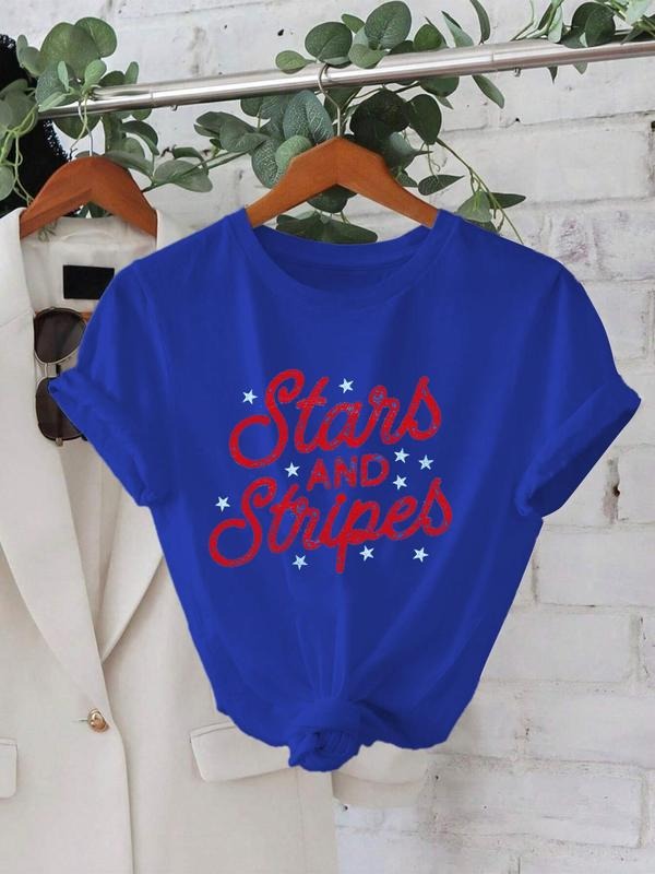 Women's Stars & Stripes Print Round Neck Tee, Casual Short Sleeve Crew Neck T-Shirt for Daily Wear, Ladies Clothes for...