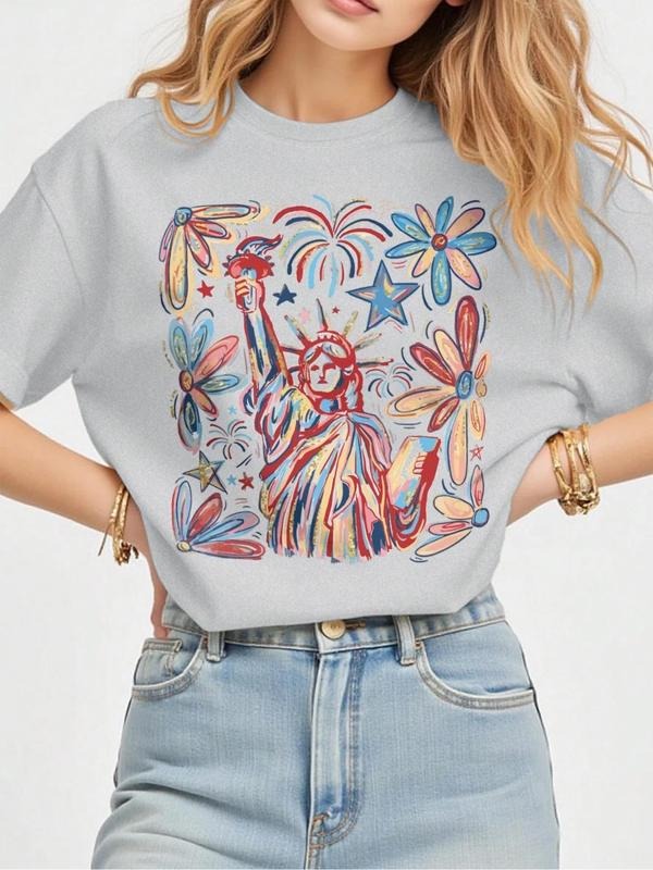 Women's Statue Of Liberty Print Round Neck Tee, Casual Letter Graphic Short Sleeve T-Shirt for Daily Wear, Ladies Clothes...
