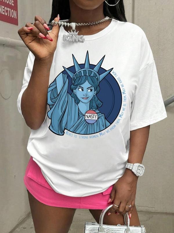 Women's Statue Of Liberty Print Round Neck Tee, Casual Short Sleeve Crew Neck T-Shirt for Daily Wear, Ladies Clothes for...