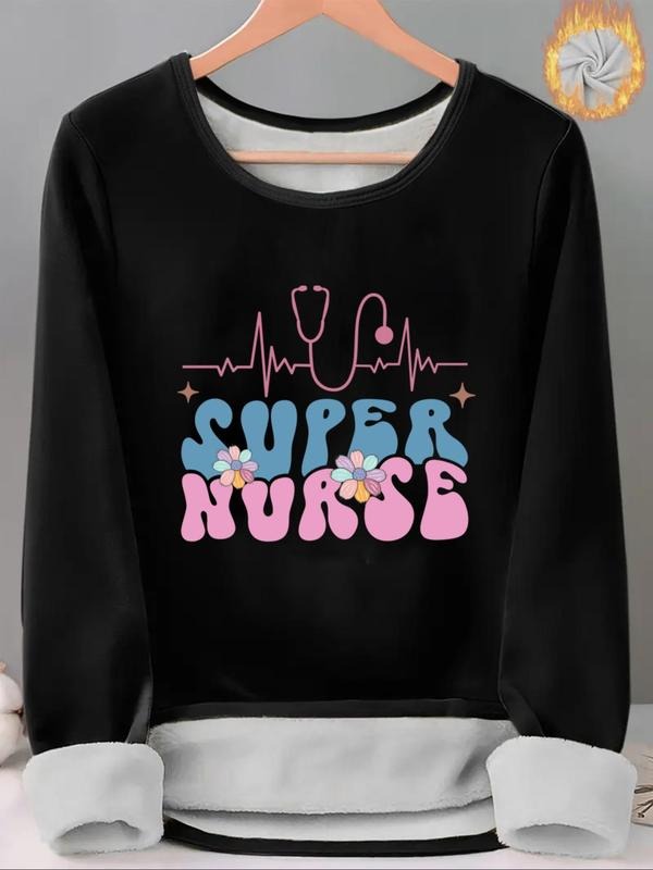 Women's Stethoscope & Letter Print Thermal Lined Tee, Casual Long Sleeve Round Neck T-shirt for Fall & Winter, Ladies...