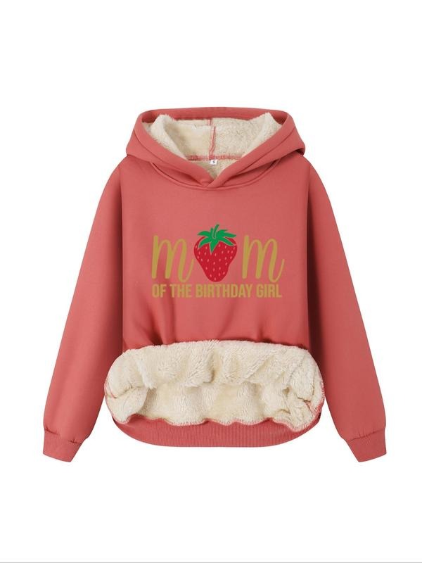 Women's Strawberry & Letter Print Plush Hoodie, Casual Long Sleeve Hooded Sweatshirt for Fall & Winter, Women Clothes for...