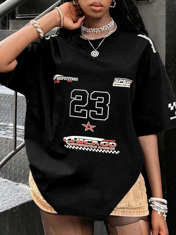 Women's Street Style Casual Loose-Fit Round Neck Short Sleeve T-Shirt, All-Season Comfortable Printed Tee for Daily Wear...