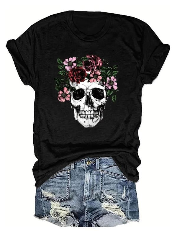 Women's Streetwear Skull & Floral Print Round Neck Tee, Casual Short Sleeve Crew Neck Graphic T-shirt for Daily Wear,...