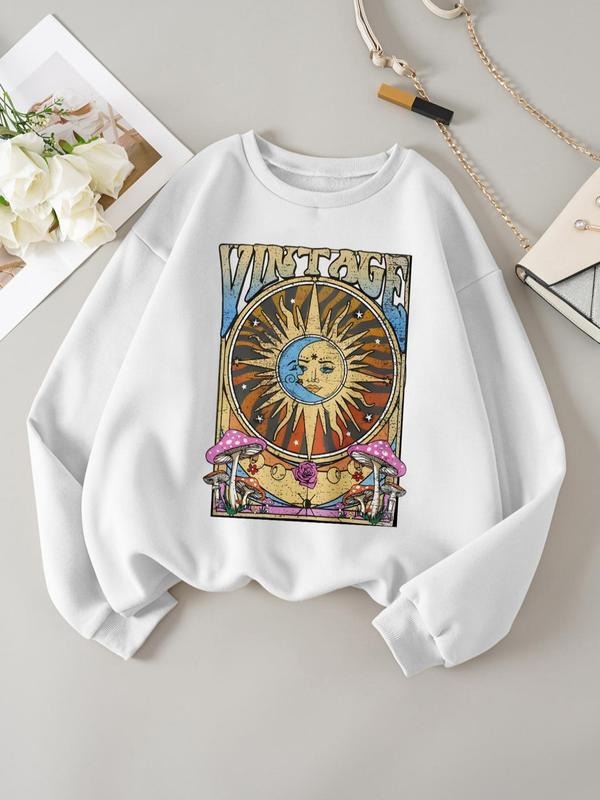 Women's Streetwear Sun & Moon Print Drop Shoulder Longsleeves Crewneck Sweatshirt, Womenswear Casual Long Sleeve Crew...