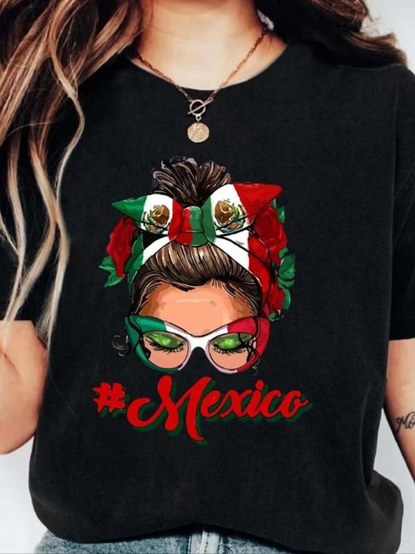 Women's Stylish Figure & Letter Print Round Neck Tee, Fashion Casual Crew Neck Short Sleeve T-Shirt for Daily Holiday...