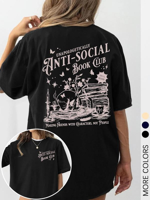 Women's Summer Anti-Social Book Club Graphic Print Round Neck Short Sleeve Casual Loose-Fit Plus Size T-Shirt,...