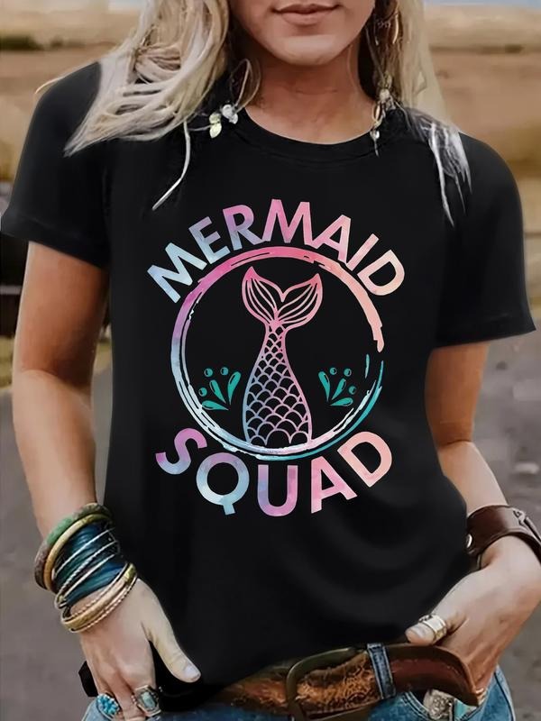 Women's Summer Casual Fashion Vintage Mermaid Print Round Neck Short Sleeve T-Shirt, Comfortable Breathable S-Xxl Hoodie,...
