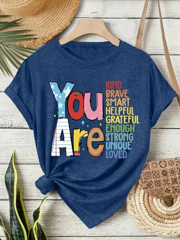 Women's Summer Casual Fitted Round Neck Short Sleeve T-Shirt, Colorful Cartoon Letter Print, Comfortable Breathable...