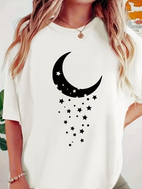 Women's Summer Casual Fitted Round Neck Short Sleeve T-Shirt, Moon Star Print, Comfortable Breathable Fabric, S-Xxl Sizes...