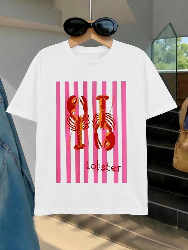 Women's Summer Casual Round Neck Short Sleeve Lobster Print T-Shirt, Loose Fit Lightweight Top for Daily Wear Hoodie,...