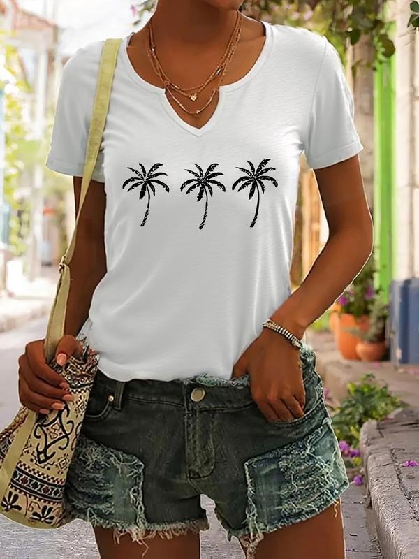 Women's Summer Casual V Neck Short Sleeve T-Shirt, Coconut Tree Print Vacation Style Tee, Fashionable Ladies Top for...