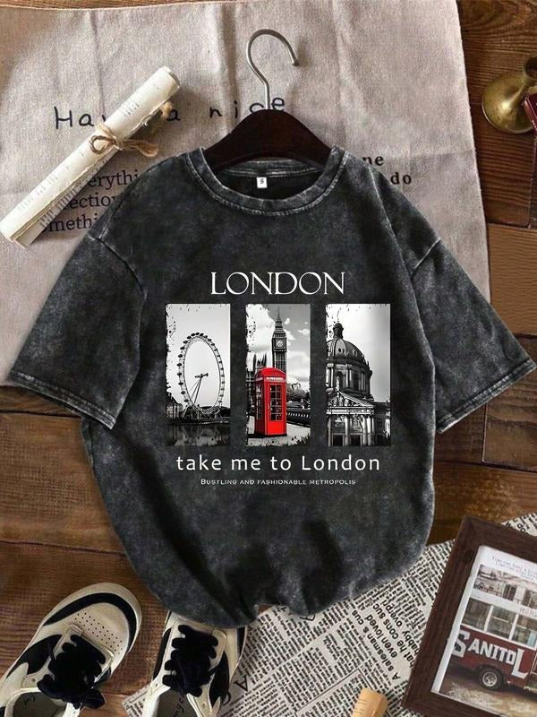 Women's Summer Cotton Short Sleeve T-Shirt, London Landscape Print Tee, Fashion Casual Daily Wear, Street Style Essential...