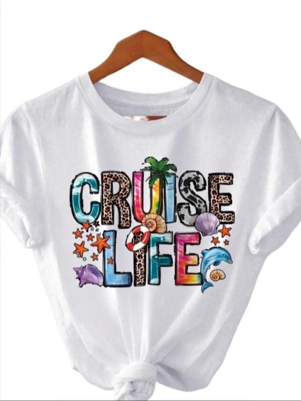 Women's Summer Cruise Life Letter Print Short Sleeve Round Neck T-Shirt, Comfortable Fashion Casual Top, Daily Wear...