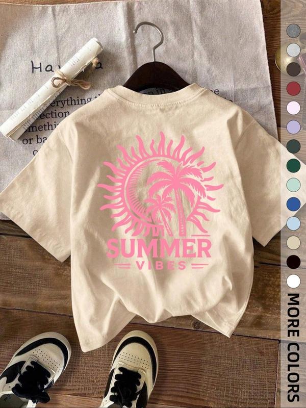 Women's Summer Vibes Letter Print Round Neck Tee, Fashion Casual Crew Neck T-Shirt for Daily Holiday Vacation Outdoor...