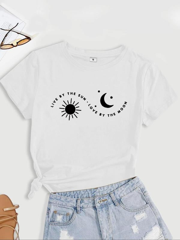 Women's Sun & Moon Print Round Neck Graphic Tee, Vintage Trendy Casual Short Sleeve T-shirt For Daily Wear, Ladies All...
