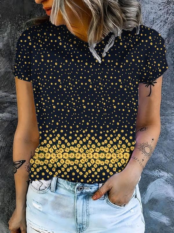 Women's Sun Print Round Neck Tee, Casual Star Print Short Sleeve Crew Neck T-Shirt for Summer, Fashion Women's Top for...