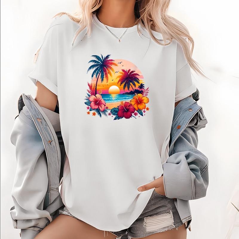 Women's T - Shirt Showcasing Tropical Paradise: Palm Trees, Sunset, and Floral Graphic Hoodie, Sweatshirt | PodTeesHub.com